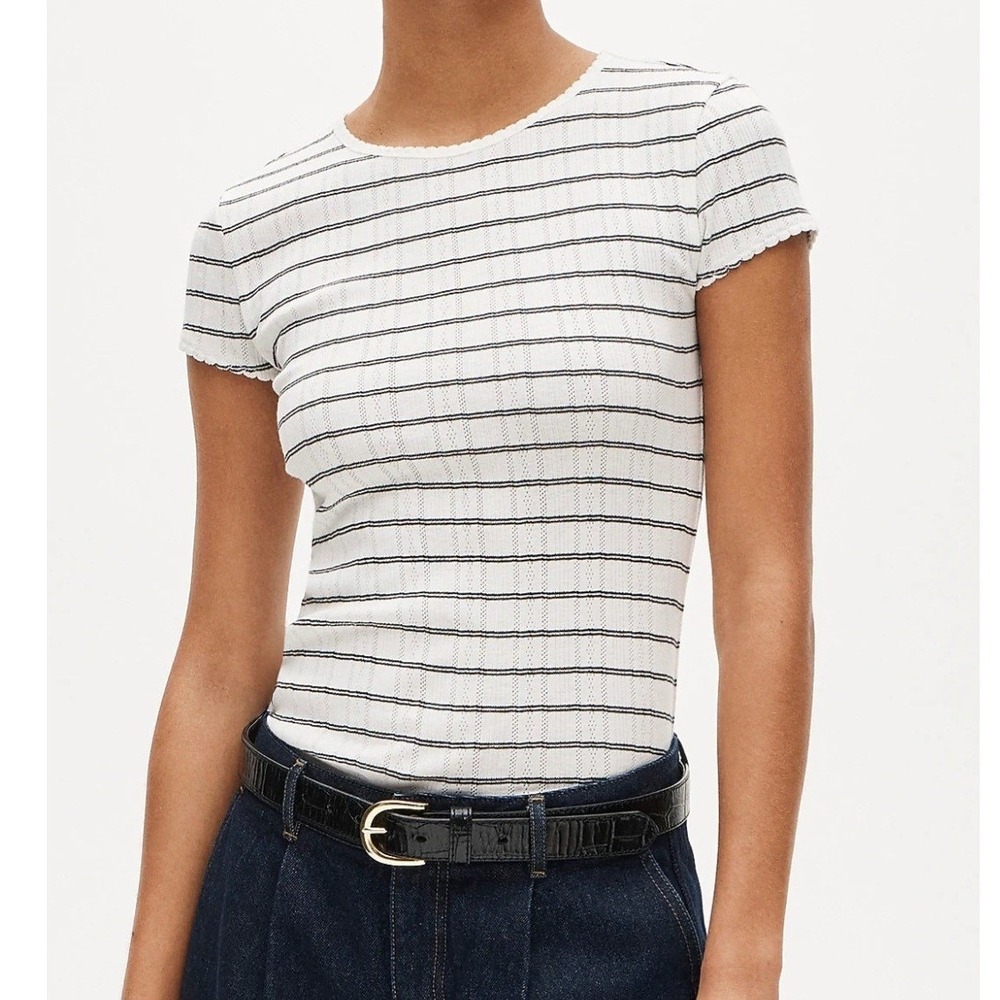 J.Crew Top Womens Size XS Pointelle Knit Stripe Ivory Black Scalloped Trim NWT